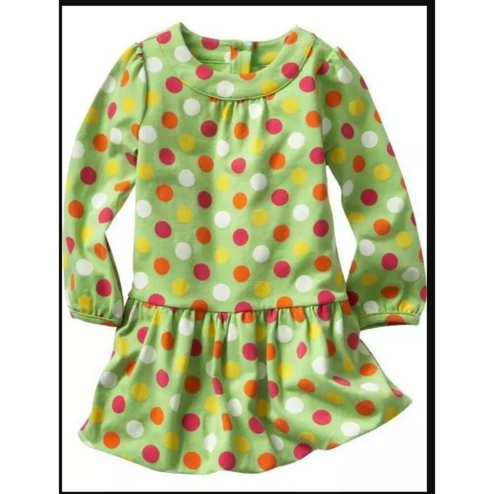 NEW Baby Gap kids girls dress 12-18 green pink polka dot long sleeve drop waist